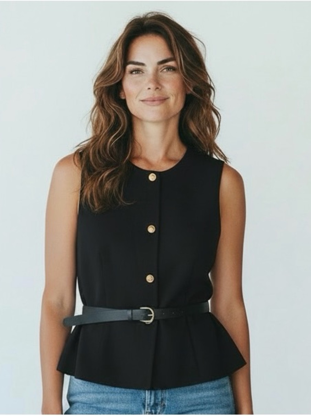 Bailey 44 Black Sleeveless Peplum Button-Front Top with Belt